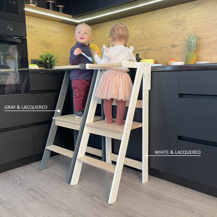 Foldable and Space Saving Kitchen Helper Tower (Anthracite Grey & Lacquered)