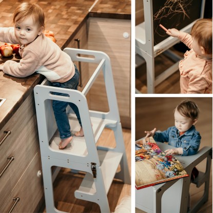 Learning Tower - Table And Chair With Blackboard - All-In-One (Grey)
