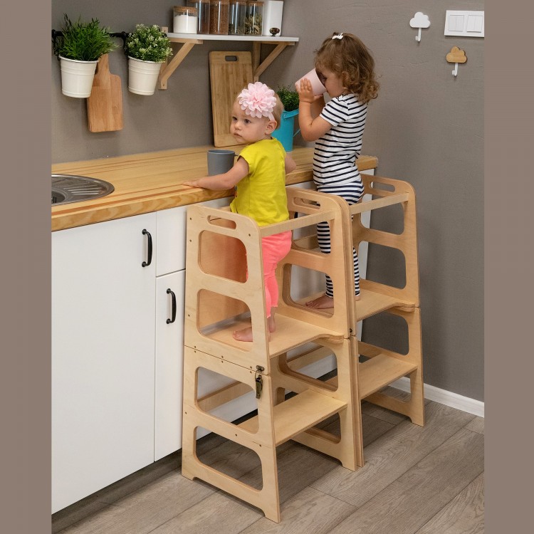 Montessori Kitchen Helper Tower - Table and Chair All-in-one (Natural lacquered)