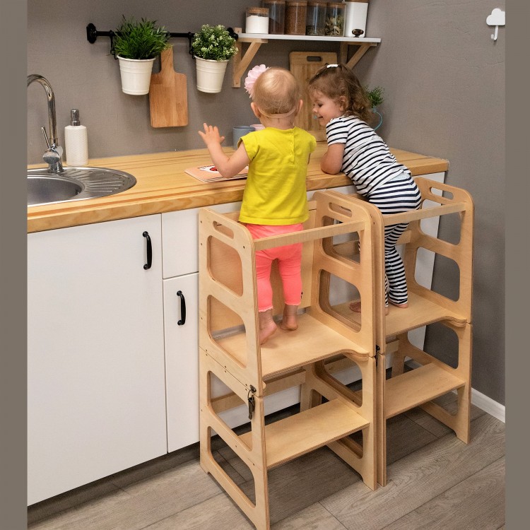 Montessori Kitchen Helper Tower - Table and Chair with blackboard All-in-one (Natural lacquered)
