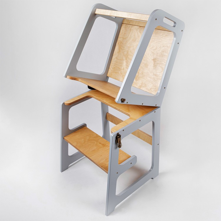 Learning Tower - Table And Chair With Blackboard - All-In-One (Grey & Lacquered)