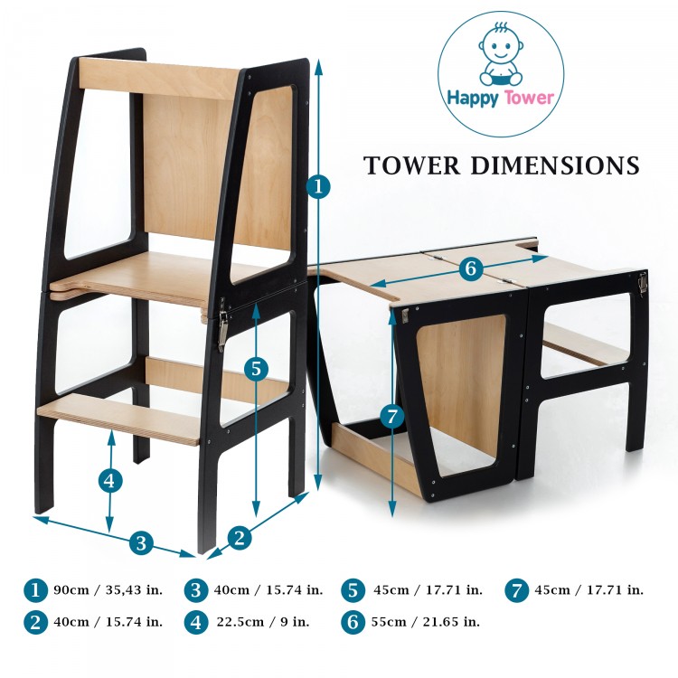Kitchen Helper Tower - Table And Chair With Blackboard - All-In-One (Black & Lacquered)
