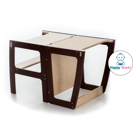 Kitchen Helper Tower - Table And Chair With Blackboard - All-In-One (Brown & Lacquered)