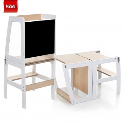 Montessori Helper Tower - Table And Chair With Blackboard - All-In-One (White & Lacquered)